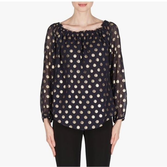 Joseph Ribkoff Midnight Blue Gold Dot Ruffle Collar Long Sleeve Top Style 181608 - Picture 1 of 10